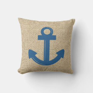Burlap blue boat anchor decorative pillow