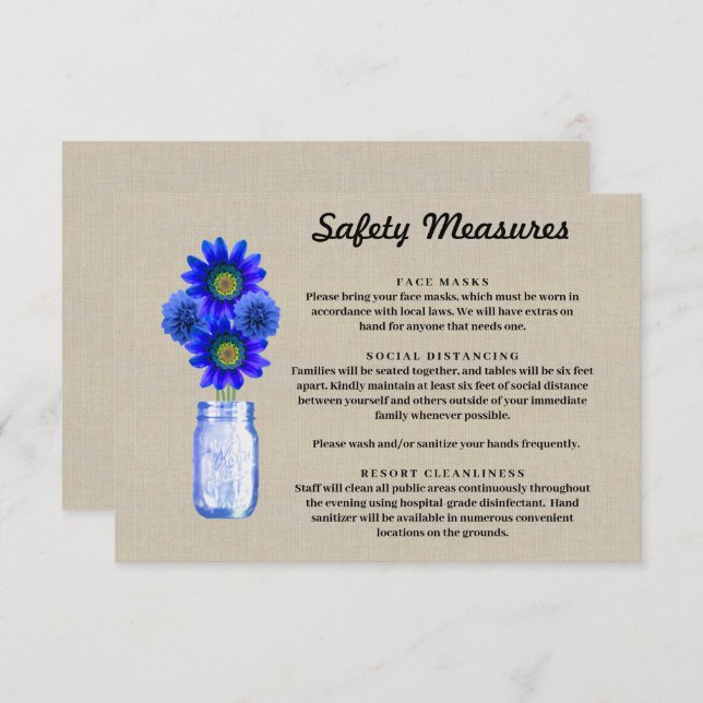 Burlap Blue Floral Mason Jar Safety Measures Enclosure Card (Front/Back)