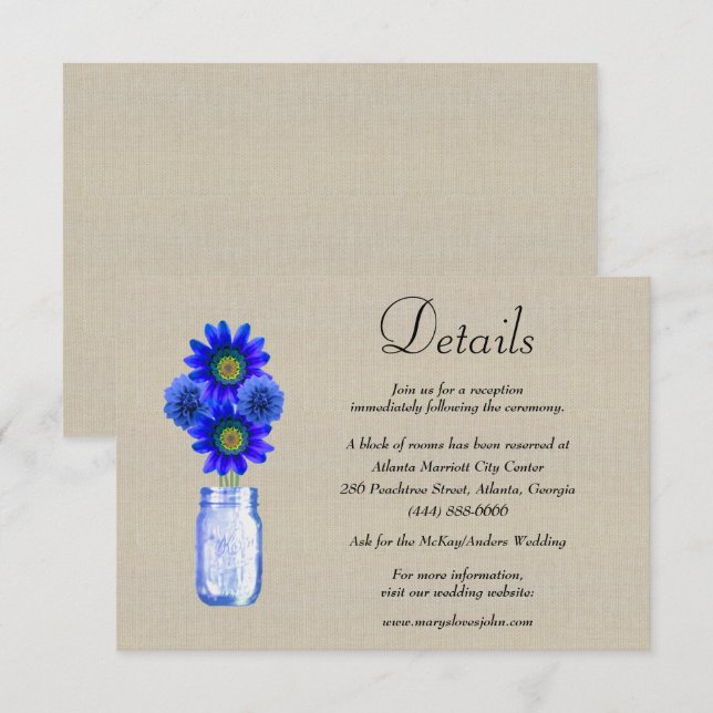 Burlap Blue Floral Mason Jar Wedding Details Enclosure Card (Front/Back)