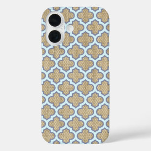 Burlap & Blue Girly Quatrefoil Pattern Trendy Cute iPhone 16 Case