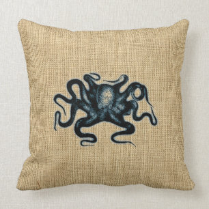 Burlap Blue Kraken Octopus Sealife Design Cushion