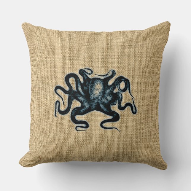 Burlap Blue Kraken Octopus Sealife Design Cushion (Front)