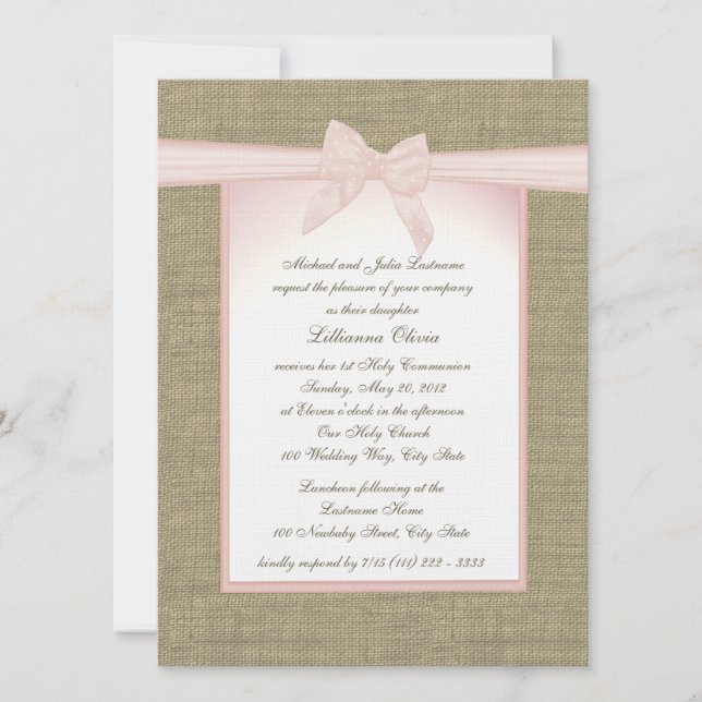 Burlap Bow Pink Communion Invitation (Front)