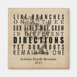 Burlap Branches on a Tree Family Reunion Quote Magnet