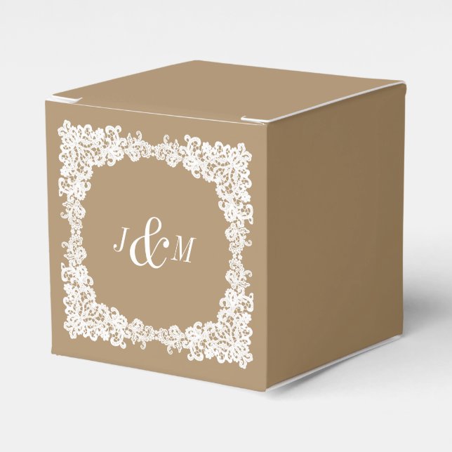 Burlap brown and white lace custom favour box (Front Side)