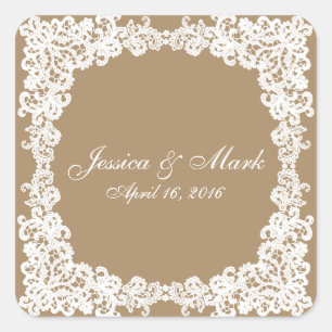 Burlap brown and white lace square sticker