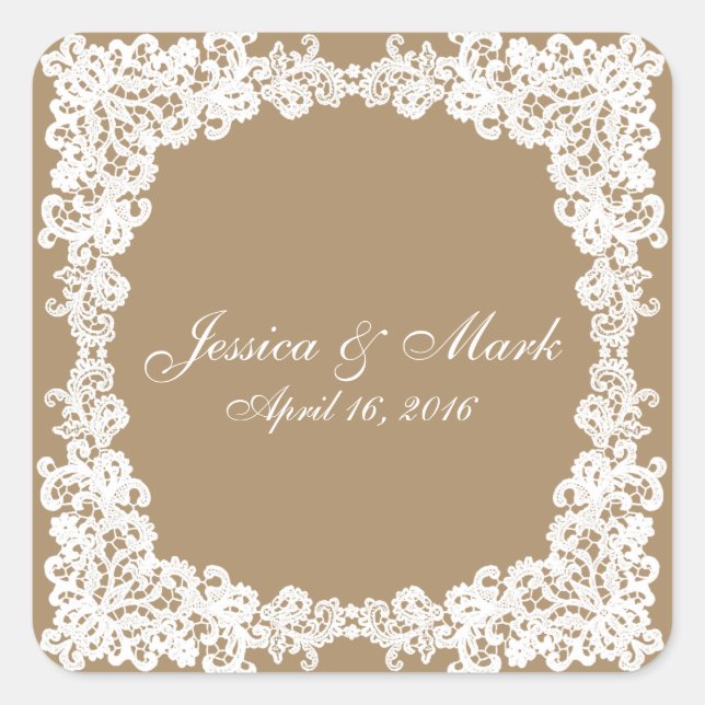 Burlap brown and white lace square sticker (Front)