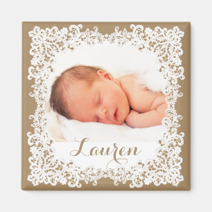 Burlap brown & white elegant lace photo design magnet