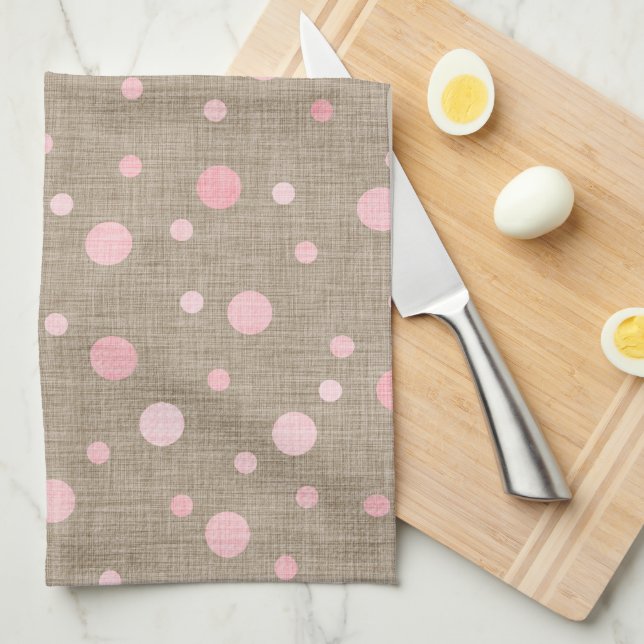 BURLAP BROWN WITH SHADES OF PINK POLKA DOTS TEA TOWEL (Quarter Fold)