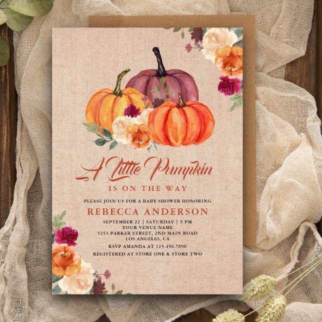 Burlap Burnt Orange Floral Pumpkin Baby Shower Invitation (Creator Uploaded)