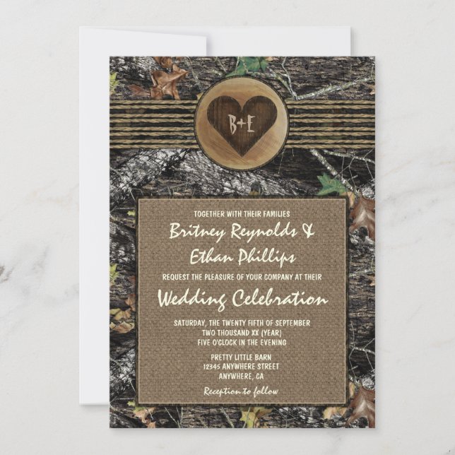 Burlap + Carved Heart Camo Wedding Invitations (Front)