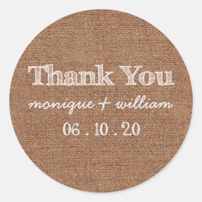 Burlap Chalk Rustic Wedding Thank You Classic Round Sticker (Front)