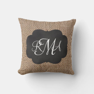 Burlap Chalkboard Look Triple Monogrammed Script Cushion