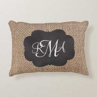 Burlap Chalkboard Look Triple Monogrammed Script Decorative Cushion