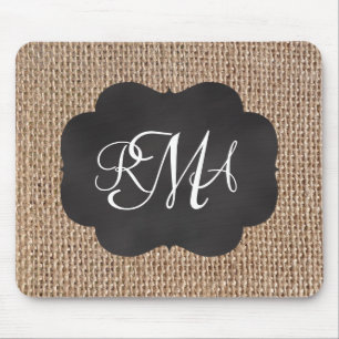 Burlap Chalkboard Look Triple Monogrammed Script Mouse Mat