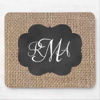 Burlap Chalkboard Look Triple Monogrammed Script Mouse Mat