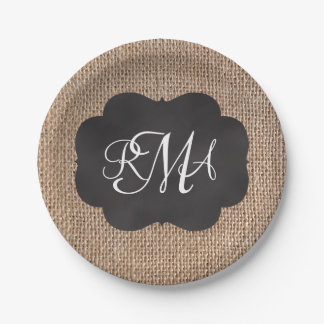 Burlap Chalkboard Look Triple Monogrammed Script Paper Plate