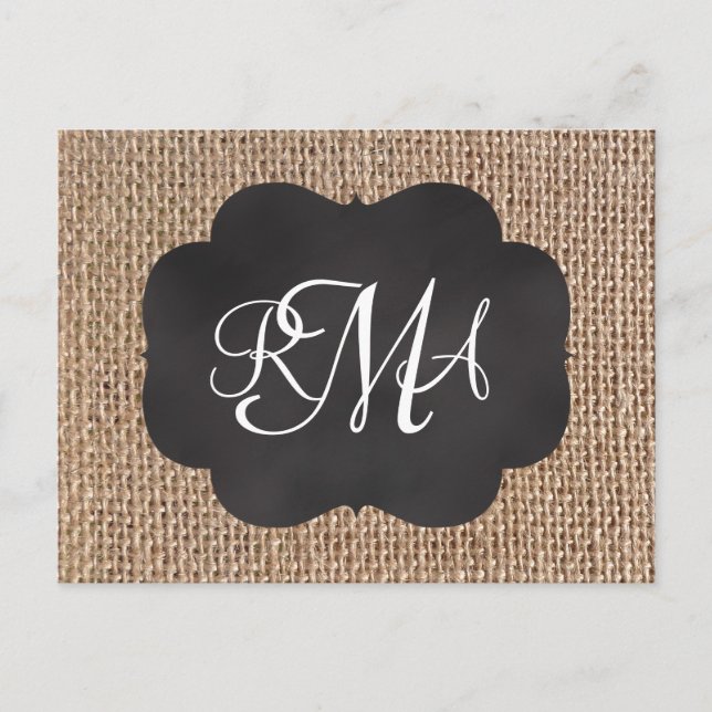 Burlap Chalkboard Look Triple Monogrammed Script Postcard (Front)