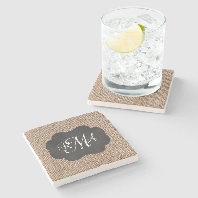 Burlap Chalkboard Look Triple Monogrammed Script Stone Coaster (Side)