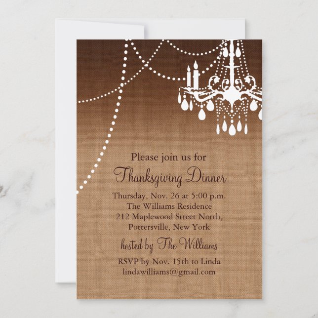 Burlap Chandelier Thanksgiving Dinner Invitation (Front)