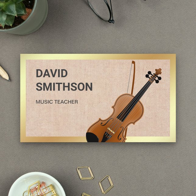 Burlap Classy Violin Music Teacher Violinist Business Card (Creator Uploaded)