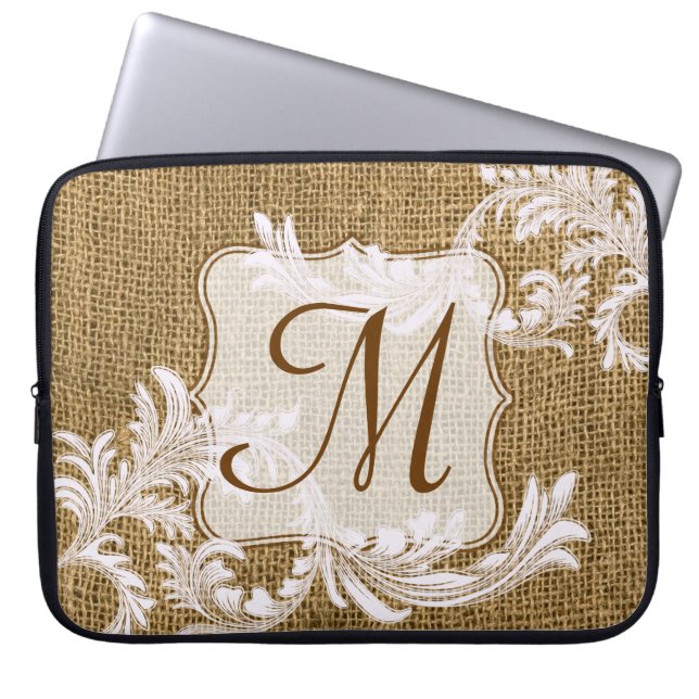 Burlap Country Lace Appli Monogram 15" Laptop Case (Front)