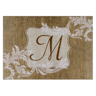 Burlap Country Lace Monogram Glass Cutting Board
