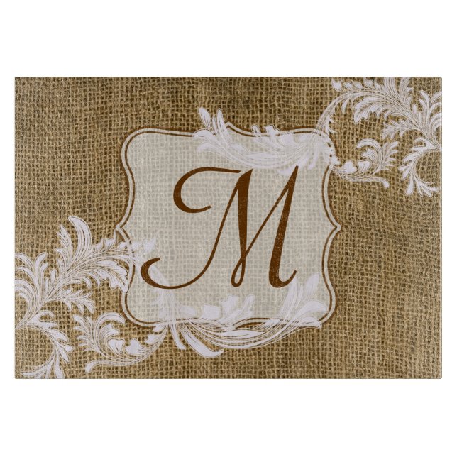 Burlap Country Lace Monogram Glass Cutting Board (Front)
