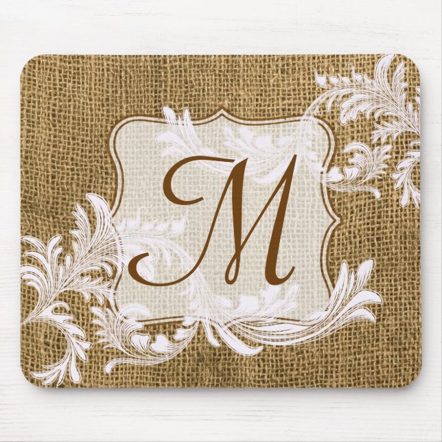Burlap Country Lace Monogram Initial Mouse Pad (Front)