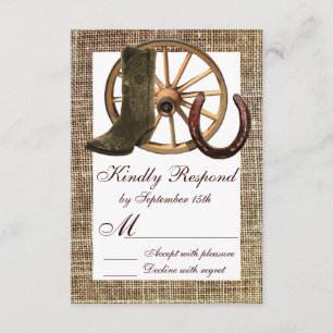 Burlap Cowboy Boots Wagon Wheel Horseshoe RSVP Card