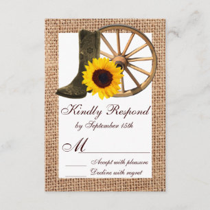 Burlap Cowboy Boots Wagon Wheel Sunflower RSVP Card