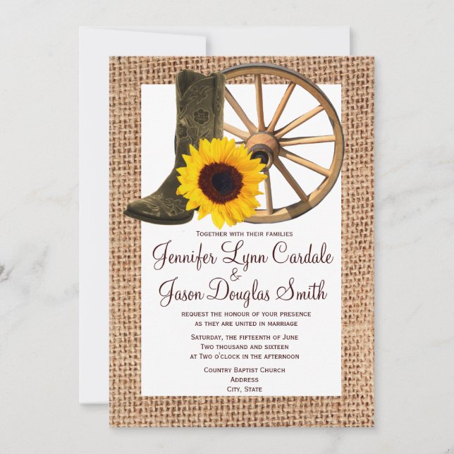 Burlap Cowboy Boots Wagon Wheel Sunflower Wedding Invitation (Front)