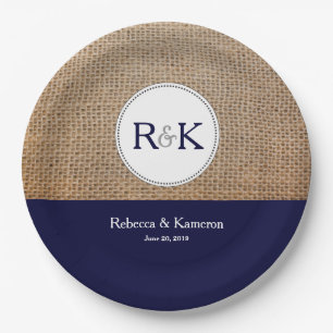 Burlap & Dark Blue Personalised Wedding Paper Plate