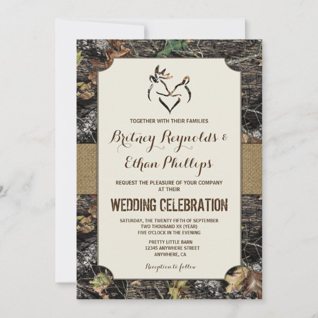 Burlap + Deer Hunting Camo Wedding Invitations (Front)