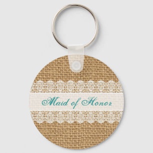 Burlap Delicate Lace -Maid of Honour- Shabby Chic Key Ring