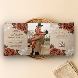 Burlap Dusty Terracotta Rose QR Code Wedding Tri-Fold Invitation