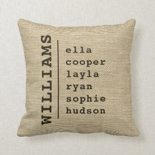 Burlap FAMILY NAME CHILDREN NAMES Kids Script Cushion