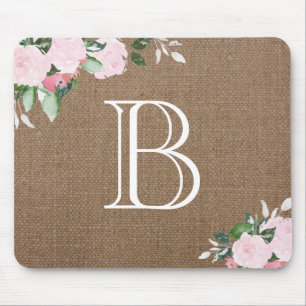 Burlap Floral Blooms Monogram Mouse Mat