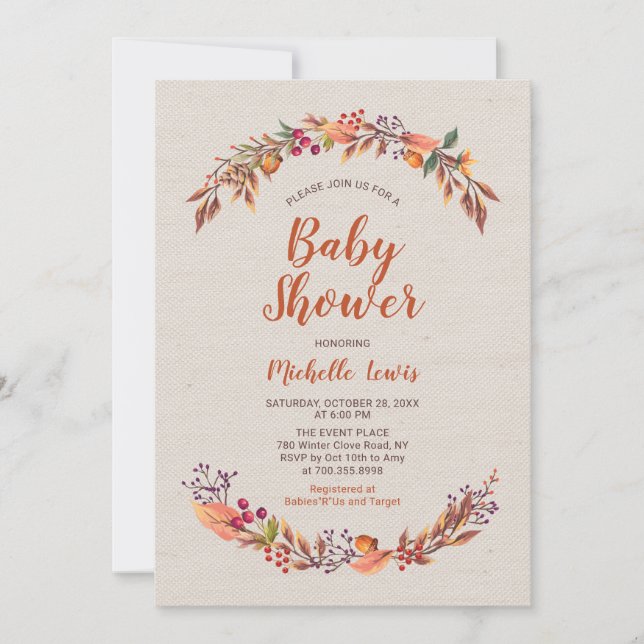 Burlap Floral Fall Boy Baby Shower Invitation (Front)
