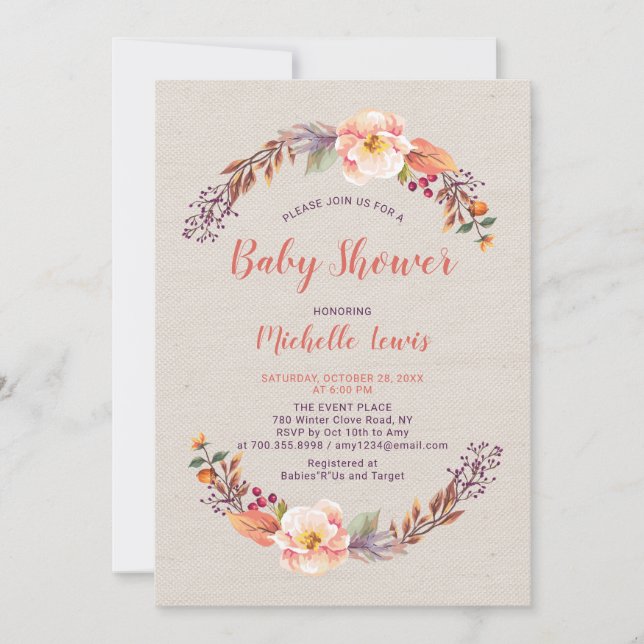 Burlap Floral Fall Girl Baby Shower Invitation (Front)