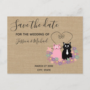 Burlap funny cute  cartoon cats save the date announcement postcard