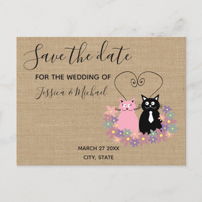 Burlap funny cute  cartoon cats save the date announcement postcard (Front)