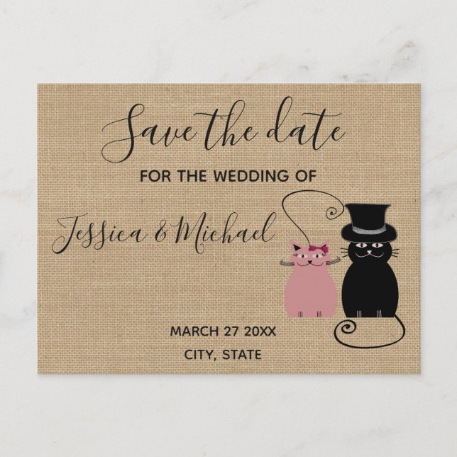 Burlap funny cute  cartoon cats save the date announcement postcard (Front)