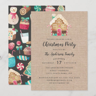 Burlap Gingerbread House Christmas Party Card