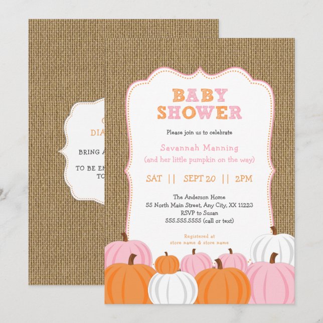 Burlap Girl Orange Pumpkin baby shower invitation (Front/Back)