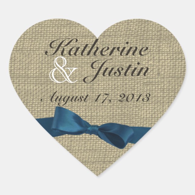Burlap Heart and Dark Blue Bow Heart Sticker (Front)