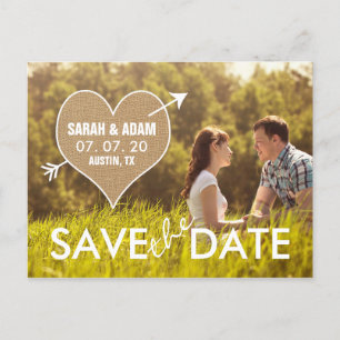 Burlap Heart   Rustic Save the Date Announcement Postcard