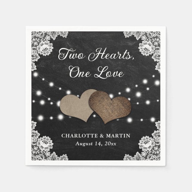 Burlap Hearts Lace Rustic Black Chalkboard Wedding Napkin (Front)