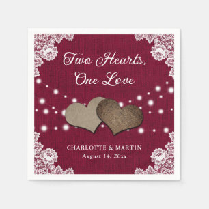 Burlap Hearts Lace Rustic Burgundy Wedding Napkins