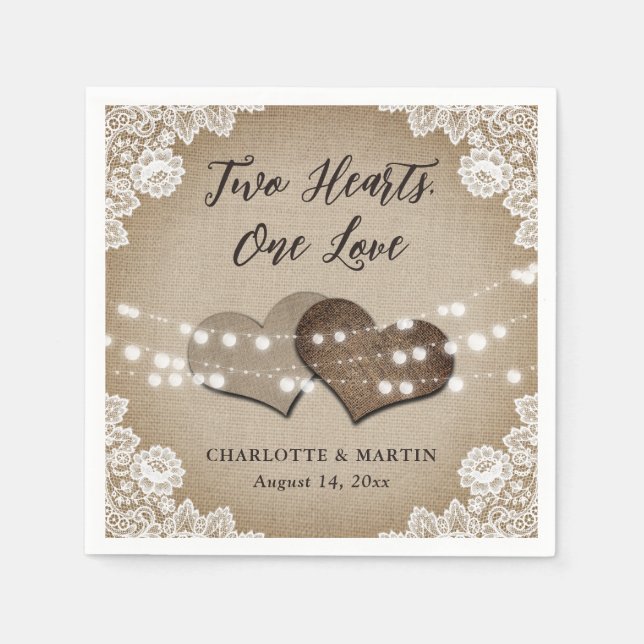 Burlap Hearts Lace Rustic Country Vintage Wedding  Napkin (Front)